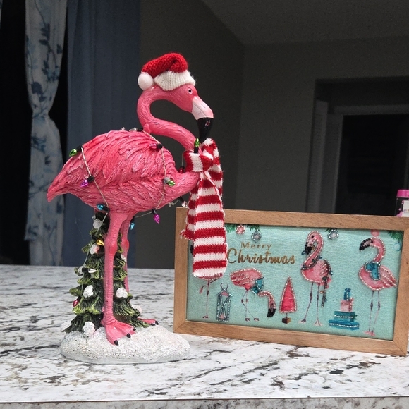 Holiday Pink Flamingo with Santa Hat Decor 2 Pc Set - Picture 9 of 9